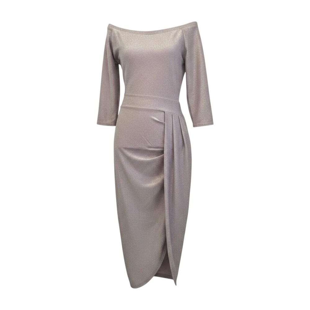 Draped Sparkly Midi Dress Size Medium Glitter Metallic Pink Party‎ Wedding Glam